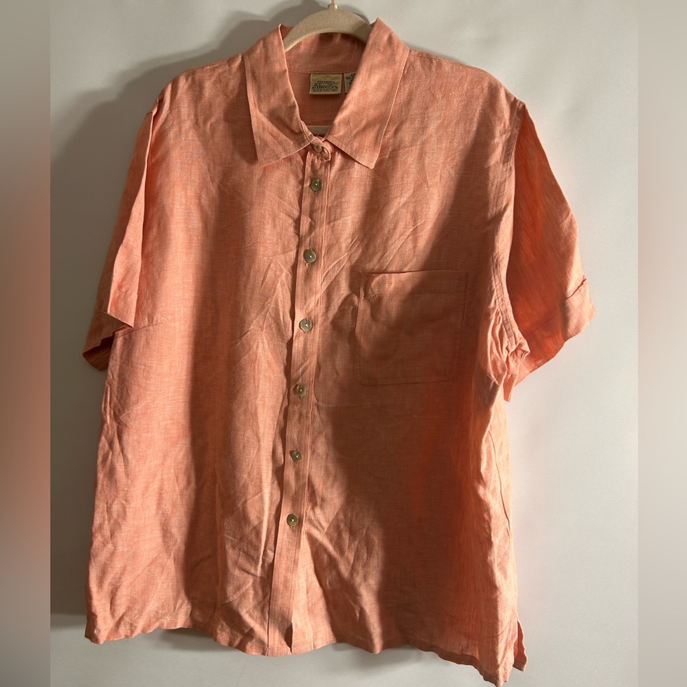 ST JOHN’S BAY AUTHENTIC 100% LINEN PEACH SHELL BUTTONS ONE POCKET WOMAN SHIRT 22